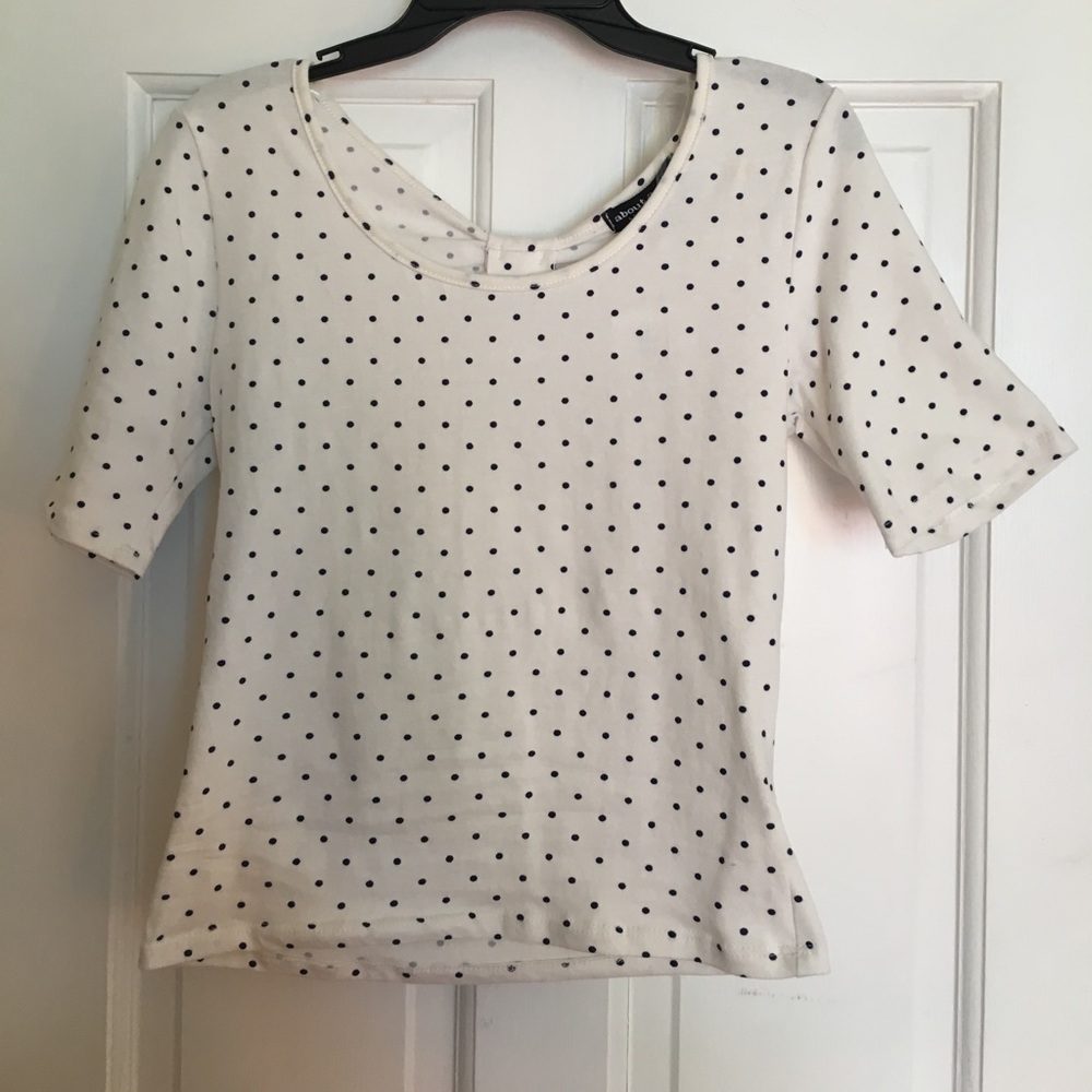 Brand New Cream bow back top with Navy polka dots